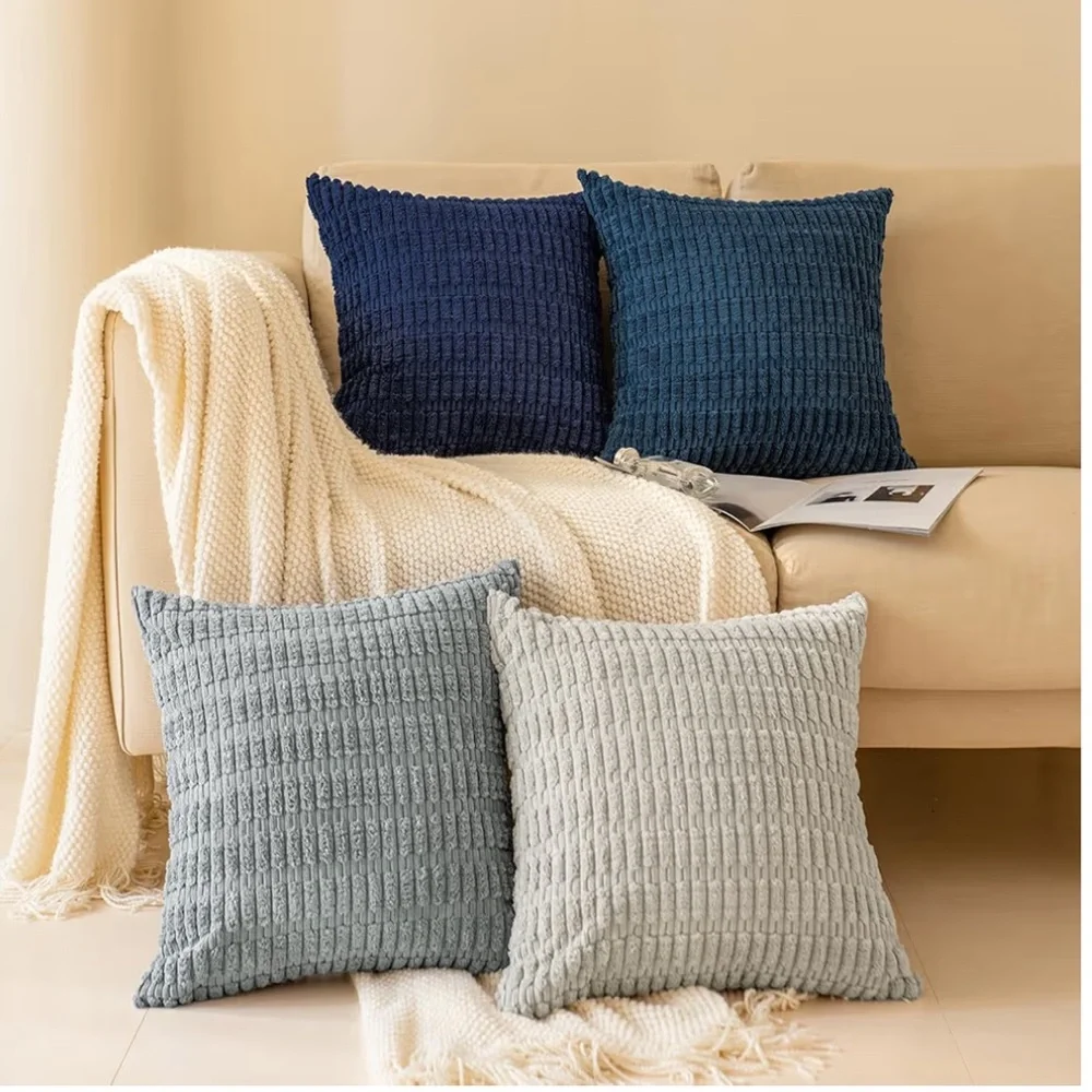 Corduroy Soft Striped Farmhouse SQUARE Throw Pillow Covers 18x18” BLUE (4-pack)
